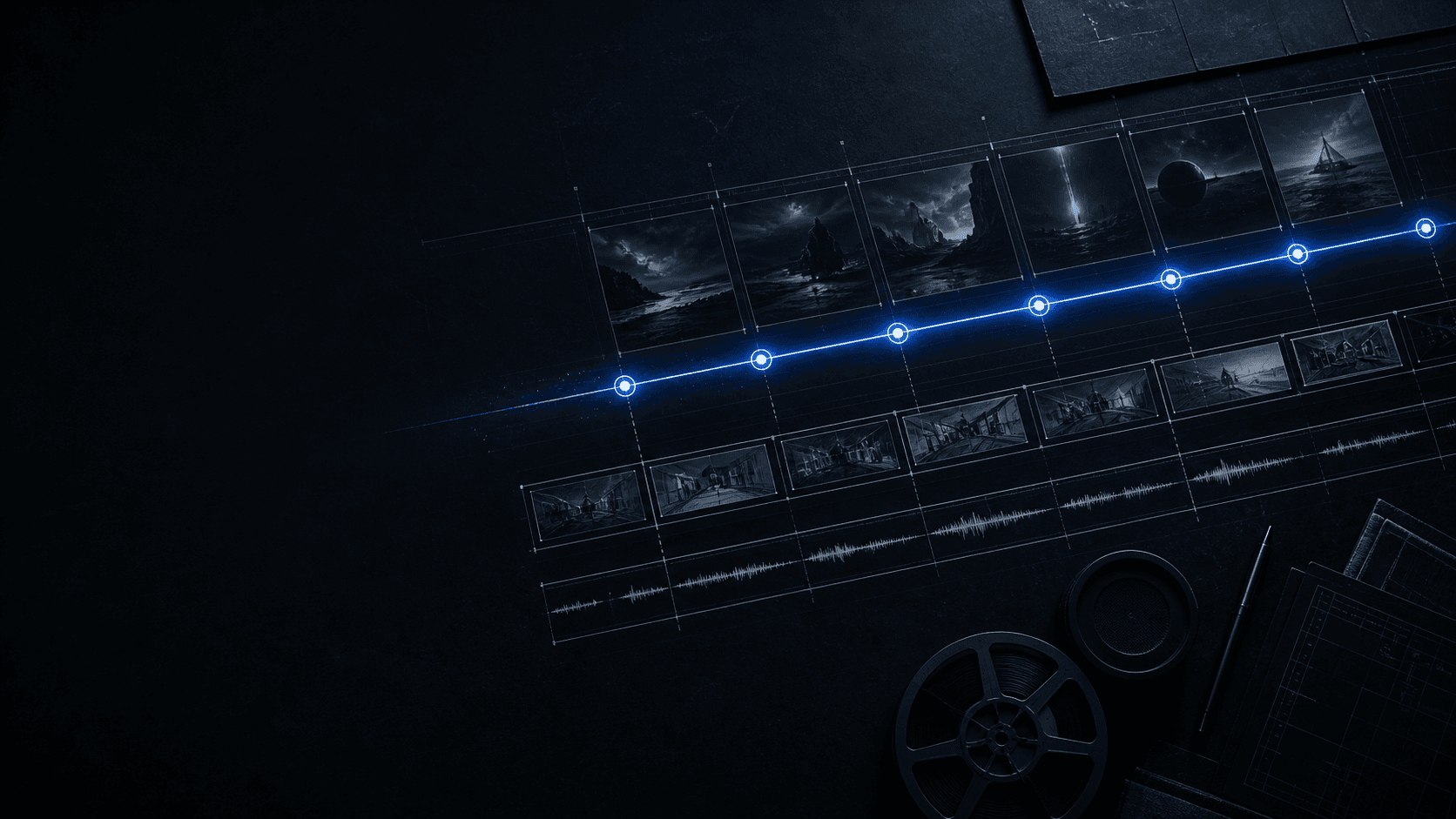 Seven-beat audiovisual production timeline with reference frames and audio track